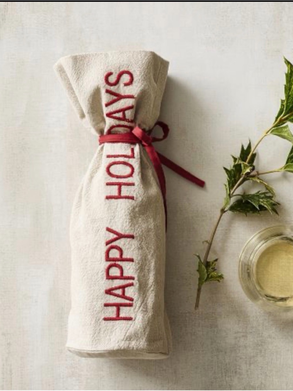 Pottery Barn Embroidered 'Happy Holidays' Linen Wine Bag - NWT